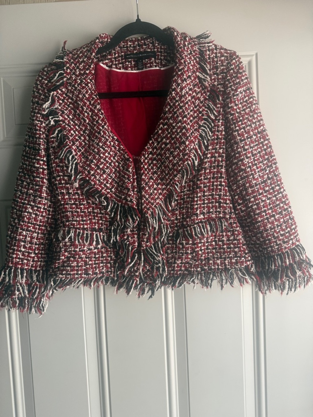White House Black Market Red Black White Fringed Tweed Cropped Blazer